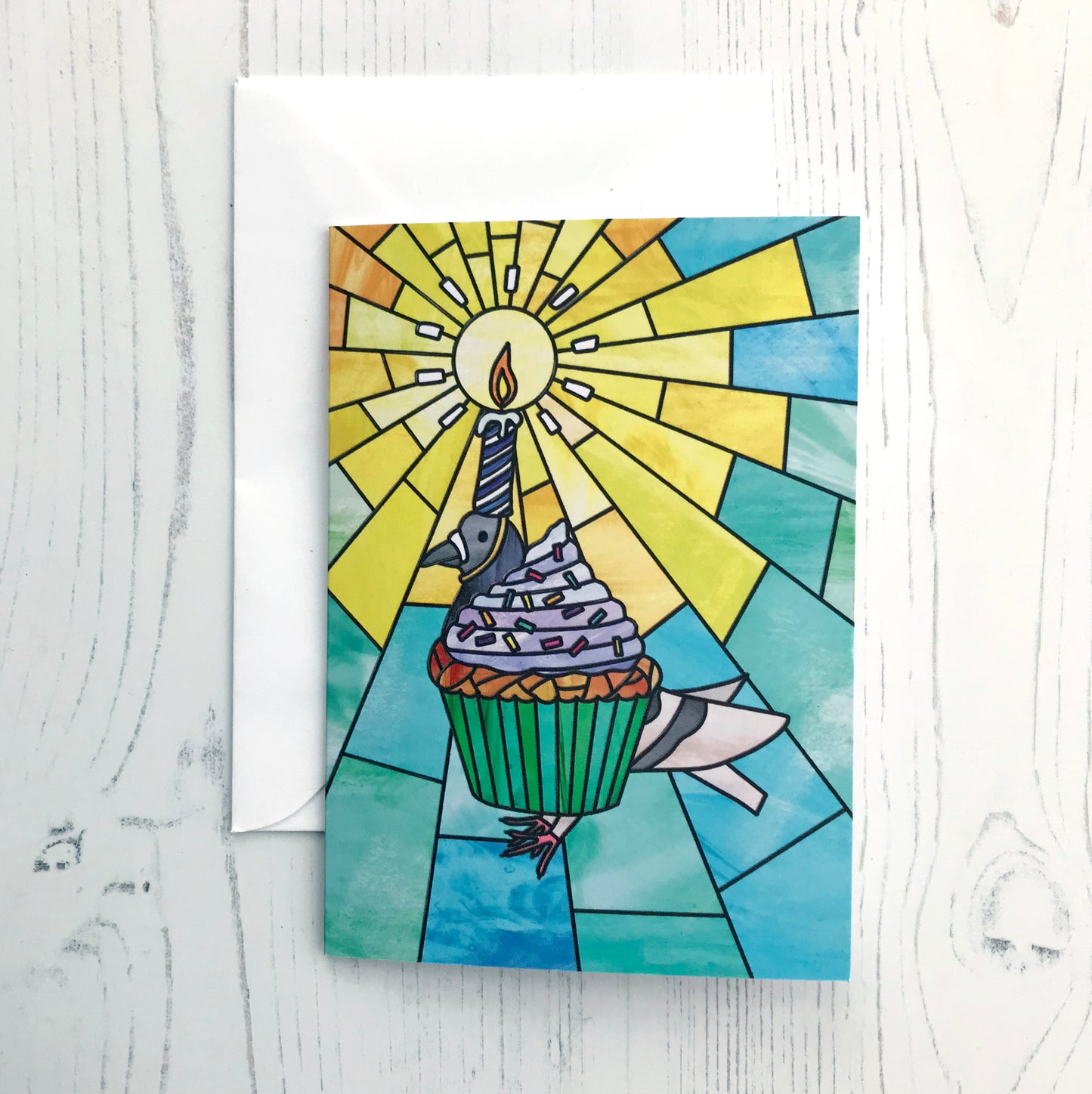 Pigeon Cupcake Stained Glass Card