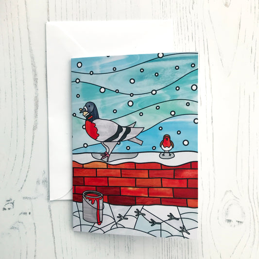 Pigeon and Robin Stained Glass Card