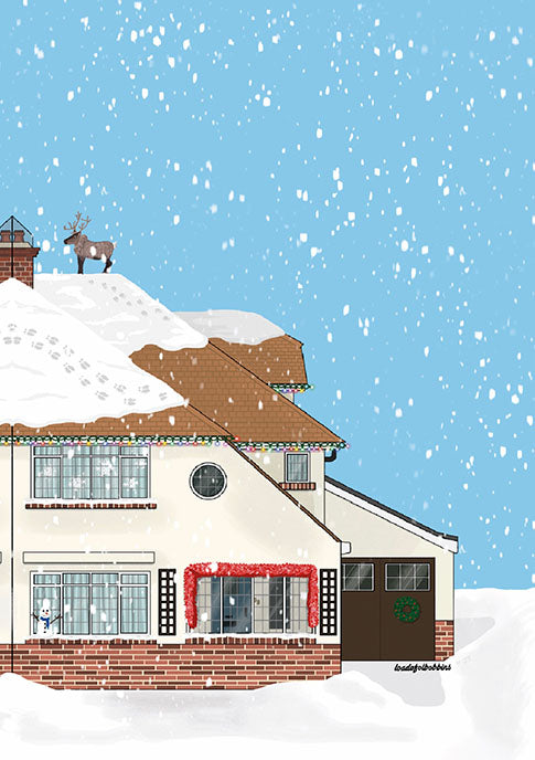 An original digital illustraion of the outside of a semi detatched 1930s house covered in snow and christmas decorations with a reindeer on the roof.