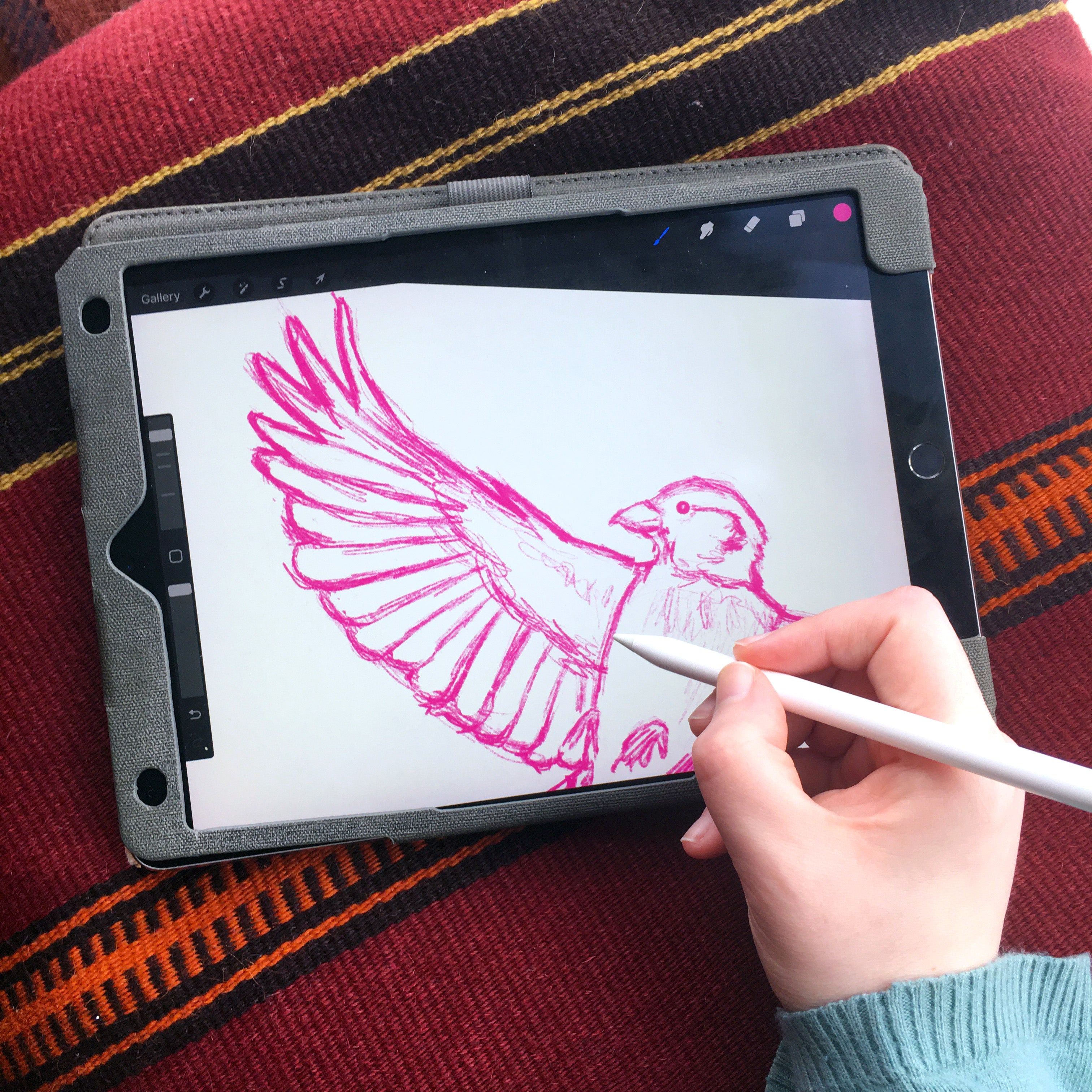 A woman’s white hand is in the bottom right corner holding an Apple Pencil and drawing on her iPad. The drawing is a close up of a section of a flying birds which is done in a sketchy pink pencil outline.